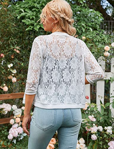 Image of Xunger Women's 3 /4 Sleeve Lace Cardigan Casual Open Front Floral Lace Shrug Summer Cover Up