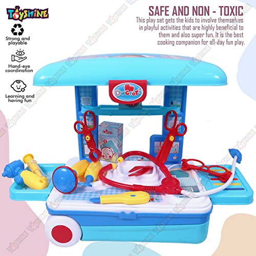 Toyshine Kids Deluxe Doctor Set Convertible Suitcase , Portable Role Play Toy Set With Accessories, Blue