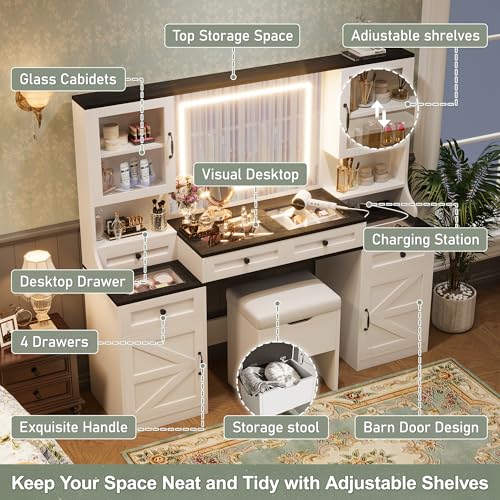 Image of JIVOIT Farmhouse Vanity Desk with Mirror, 61.5 inch Makeup Vanity Table Set with Glass Visual Desktop and Cushion Stool, Dressing Table with 5 Drawers and 4 Cabinets for Room