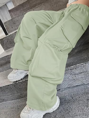Image of Girls Cargo Pants Wide-Leg Straight Streetwear, 6-14 Years | Elastic Drawstring Vintage Baggy Pants Y2K School Casual