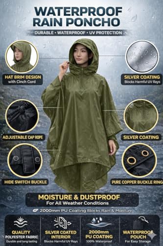 Image of ROCKSPORT Ultralite 3 in 1 Outdoor Hooded Rain Poncho for Adult Unisex, Riding Poncho & Full Cover Waterproof Design, Lightweight & Reusable, One Size Fits Most