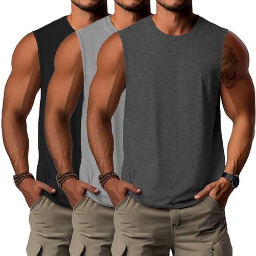 Ficerd 3 Pack Men's Big Tall Tank Tops, Cotton Moisture Wicking Muscle Shirts Sleeveless Solid Color Basic Tee Shirts