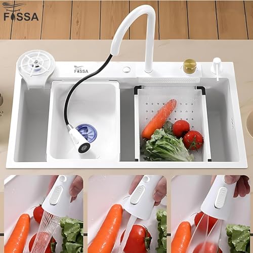 Image of Fossa 30 inchx18 inchx09 inch 5-Year Warranty Single Bowl Waterfall Smart Kitchen Sink Honeycomb Embossed Sink with Black Nano Coating, Pure Stainless Steel, Faucet with Included All Accessories. (White)