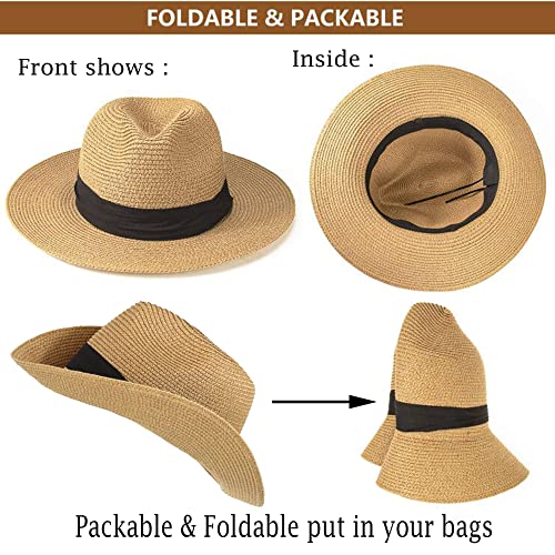 Girls-Boys Straw-Beach-Hat Summer Floppy Wide-Brim-Fedora Sun-Protection Panama Straw Hat For Kids (21.25" Fit For 5-9 Years, Khaki Straw) #TOP5