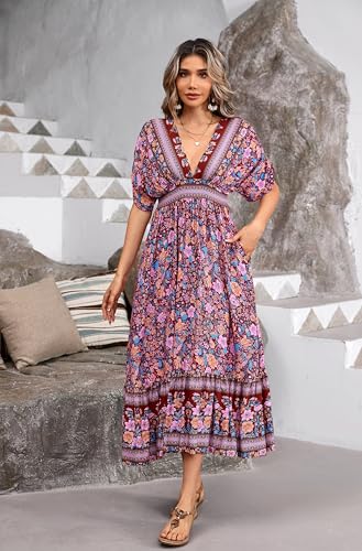 Image of R.Vivimos Women's Boho Floral Print Midi Dress with Pockets