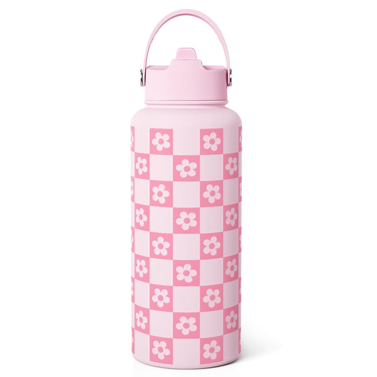 Checkerd Daisy Bottiglia d'acqua 950 ml in acciaio inox con coperchio cannuccia isolata, regalo per donne, ragazze, amici, compleanno, Natale