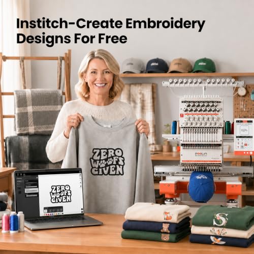 Image of Poolin EOX 15-Needle Commercial Embroidery Machine,20 inch x 14 inch Large Embroidery Area,9 inch Touchscreen with InStitch OS4, Includes Stand and Embroidery Supplies for Small Business