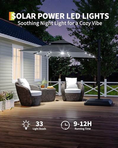 10' x 10' Heavy Duty Cantilever Patio Umbrella with Solar LED Lights & Weighted Base, 2-Tier Square Aluminum Offset Umbrella with 360-Degree Rotation for Backyard, Deck, Pool, Gray