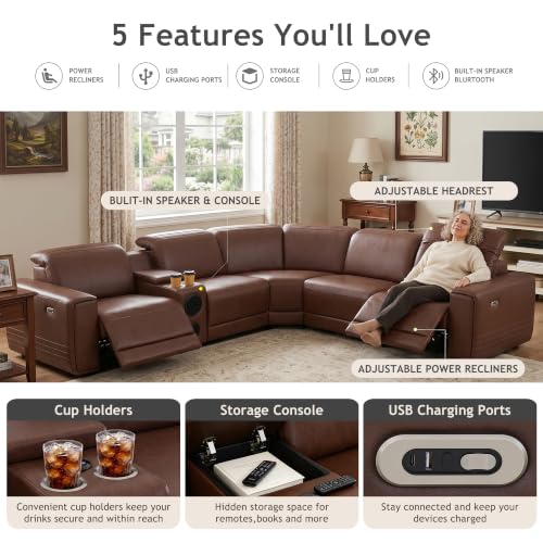 Image of Power Recliner Sectional Sofa, L-Shaped Living Room Furniture Set, Reclining Sectional Couch with Storage Console /Cup Holder for Living Room /House /Apt (Brown, 5 Seater)
