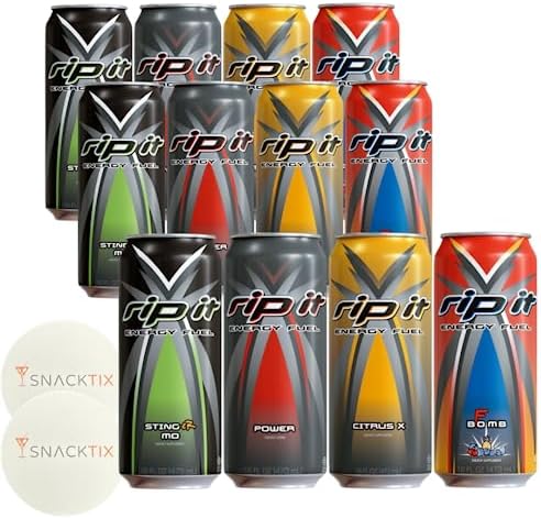 Rip It Energy Drink Variety Pack - 12 Cans of 16 fl oz Each - Assorted Flavors for an Energy Rush - with Snacktix Coaster Included (Power Energy)