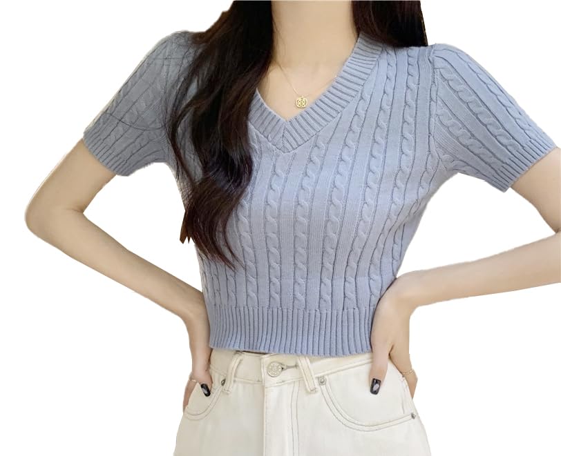Image of ICW Women's Acrylic Knitted Ribbed Half Sleeve V-Neck Self Design Crop Top T-Shirt 128