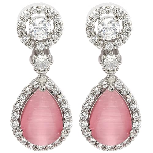 Image of Zeneme Fashion Rhodium Plated Brass Silver Toned Fancy Tear Drop Dangle Earring For Women and Gifts For Girls