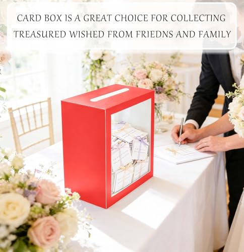 Image of SietDESEO Red Card Box for Party with Clear Window Large Gift Card Box Holder for Wedding Reception Birthday Graduation Baby Shower Raffle Ticket Box