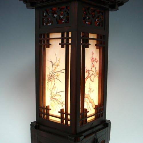Antique Alive Carved Wood Lamp Handmade Traditional Korean Dragon Roof and Window Design Art Deco Lantern Brown Asian Oriental Bedside Bedroom Accent Unusual Table Light