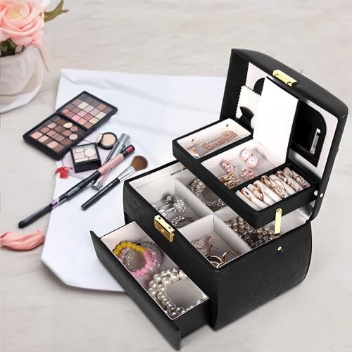 Image of KRISHYAM Luxury Lockable 3 Layer Leather Jewelry Box Organizerwith Mirror, Drawer & Key - Black Faux Leather Travel Case for Women & Girls