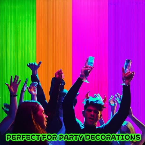 Image of 4 Pack Glow in The Dark Curtains Party Supplies 6.6 x 3.3 Ft Glow Tinsel Foil Fringe Curtains Colorful Photo Booth Prop Backdrop Streamer for Birthday Holiday Neon Party Decorations