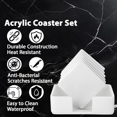 Image of Unbreakable Acrylic Coaster Set - 6 White Square Drink Coasters for Home Office, Gaming, and Study Decor - Stylish Moisture-Protecting Accessories for Tea and Coffee (White)