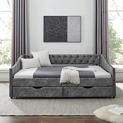 Daybed with Drawers, Modern Velvet Upholstered Full Size Day Bed Button-Tufted Sofa Daybed Frame with Double Drawers, No Box Spring Needed, Furniture for Bedroom Living Room Guest Room (Grey, Full)