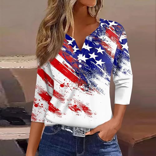 Image of 4th of July Shirts Women 3 /4 Length Sleeve Womens Tops Henley Neck Casual Patriotic T Shirts