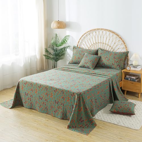 Image of FADFAY Butterfly Sheets Set Queen Vintage Green Red Floral Bedding Shabby Farmhouse Bedding Super Soft Washed Double -Layer Muslin Sheets 100% Cotton Deep Pocket Fitted Sheet 4Pcs, Queen Size