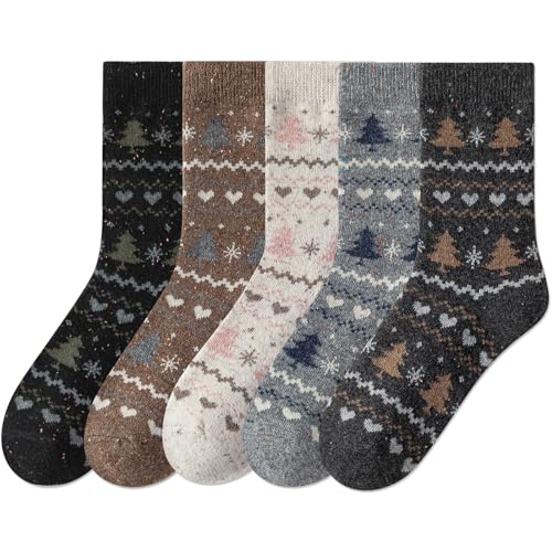 Image of IIG Cute Warm Wool Socks for Women Super Cozy Thick Crew Winter Socks Gifts, 5 Pairs