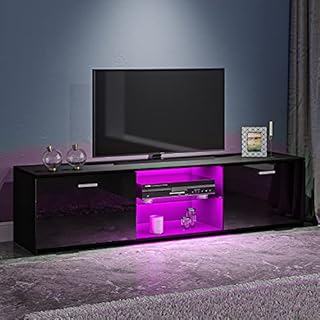 Panana TV Unit Cabinet Stand Two Doors Sideboard with LED Lights Television Stands Cabinet 2 Open Media Storage for TVs up to 65 Inches (black)