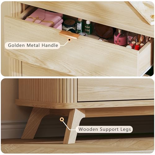 Image of HUAHUU Fluted 6 Drawers Dresser for Bedroom, 55 inch Mid Century Modern Dresser & Chests of Drawers, Curved Profile Design, TV Stand, Wood Storage Organizer for Living Room, Entryway, Hallway, Oak