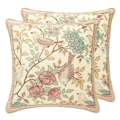 patdrea Velvet Euro Sham Decorative Throw Pillow Covers Set Soft Durable Cushion Cases Pillowcase for Couch Bedroom Car (2 Pack Pink Floral Bird)