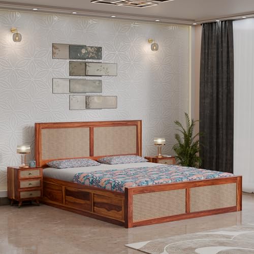 Image of DRIFTINGWOOD Amber Solid Sheesham Wood King Size Bed with Box Storage | Rattan Cane Headboard & Footboard Wooden Bed for Bedroom | Honey Finish (Self Assembly Required)