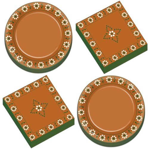 50PCS Mexican Paper Plates and Napkins Platos De Barro Mexicanos Disposable Desert Tableware Terracotta Flower Table Supplies for 25 Guests Mexican Xmas Wedding Birthday Party Decorations