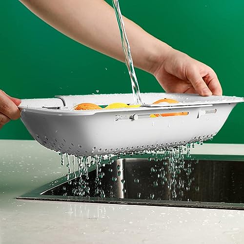 Image of KesaPlan Collapsible Sink Colanders and Strainers Basket Over the Colander Extendable Plastic Fruit Vegetable Strainer Drainer for Kitchen(Length 14.3-19.4inch)(White Set of 2)