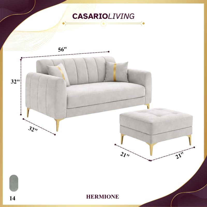 Image of Hermione Luxe Velvet-Suede Fabric 2 Seater Sofa Set with Ottoman | Golden Legs | Comfortable Seating | Modern Sofa for Living Room - Light Gray