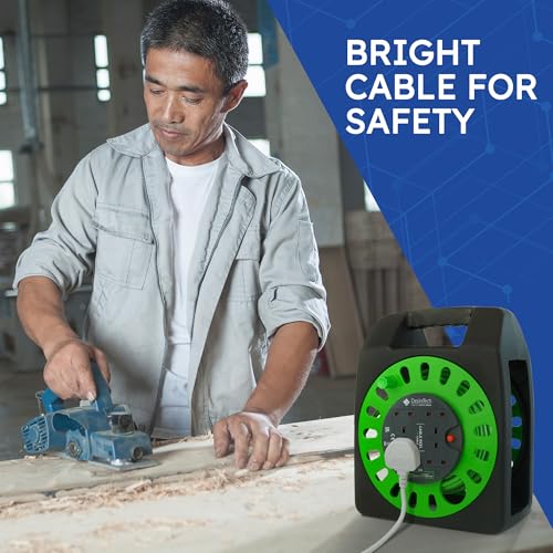 Desiretech - 4 Socket Extension Lead - 18m Portable Cable Reel, Thermal Cut Out, Ergonomic Handle, Green/Black - Heavy Duty Extension Cord for Indoor Use (18 Metre) - 5