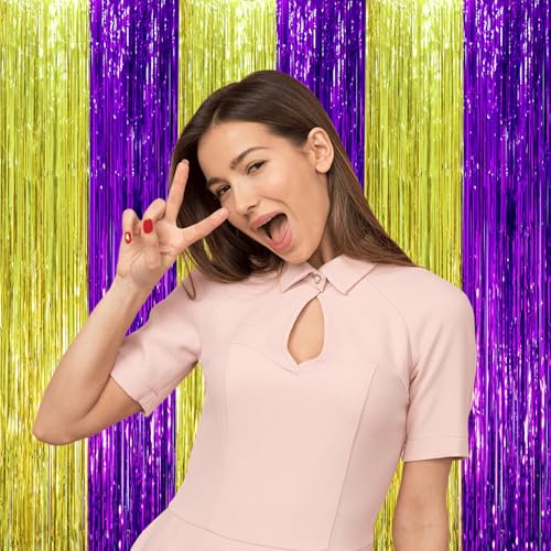 Image of Voircoloria 2 Pack Purple and Gold Foil Fringe Backdrop Curtains, Tinsel Streamers Party Decorations, Fringe Backdrop, Door Shimmer for Graduation or Birthday Party