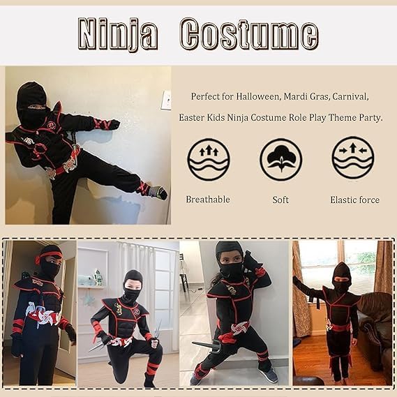 Miniatura 4 de skyllc Disfraz de ninja para niños, juego de cosplay de ninja para juegos de rol, Halloween, fiesta de Navidad, carnaval