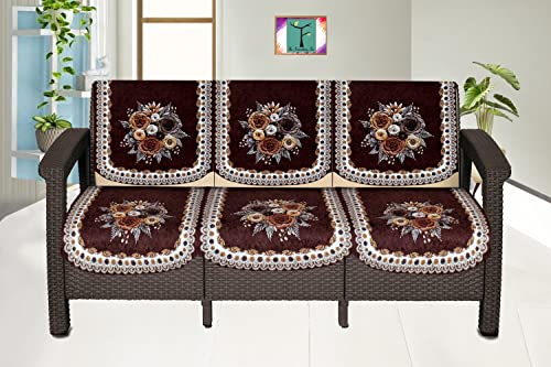 Image of The Furnishing Tree Velvet Floral Pattern 6 Pieces 3 Seater Sofa Cover Set Coffee