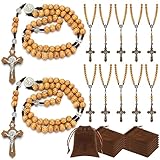 Equsion 12 Set Wooden Bead Rosary Necklace Catholic Rosary Wood Carved Beads with Jesus Cross Our Father Solid Wooden Rosary Beads with Velour Gift Pouch Baptism Favors Catholic Gift (Dark Brown)