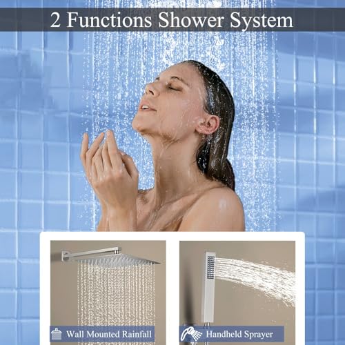Image of Shower Faucet Set 16 Inch Wall Mount Rain Shower System, All Metal Shower Fixtures - Brushed Nickel