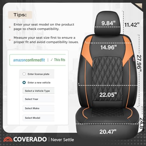 Image of Coverado Seat Covers for Cars, Automotive Seat Covers Front Seats, Waterproof Car Seat Covers, Car Seat Cushion, Faux Leather Car Seat Protector Carseat Cover Universal Fit Most Cars, Black&Orange