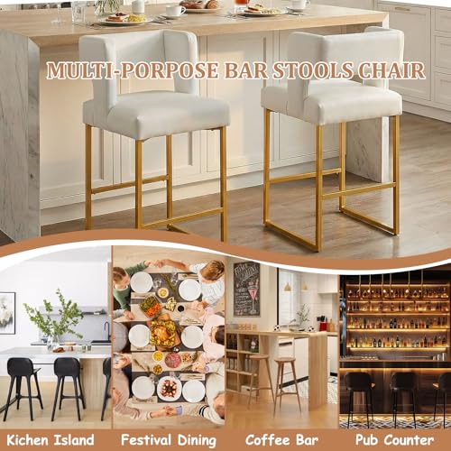 Image of 26 inch H Bar Stools Set of 4 with Back, Faux Leather Counter Height Stools with Footrest, Square Metal Frame, Modern Upholstered Bar Chairs for Kitchen Island /Dining Room, White & Gold Legs