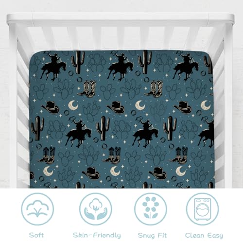 Image of Vintage Western Cowboy Baby Crib Sheets 52''x28'' Cowboy Horse Boots Hat Cactus Moon Snug Fitted Crib Mattress Cover for Boy Girl Wild Plants Soft Baby Bed Sheet for Standard Crib Toddler Mattress
