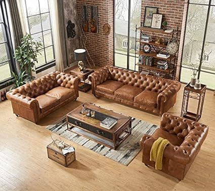 Image of Modern Classic Design Leatherette Chester Sofa Set with Button Tufted, 6-Person Sofa for Living Room Home, Office, Part, and Hallway Colour (Brown) (3+2+1=6 Seater Sofa)