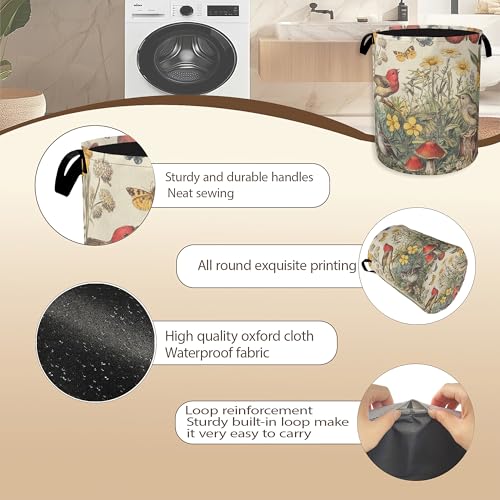 Image of Collapsible Laundry Basket,Vintage Flower Bird Dirty Clothes Hamper,Rustic Butterfly Mushroom Hampers for Bedroom Waterproof Oxford Cloth Storage Organizer for Bathroom,Nursery,Dorm,16x20 Inch