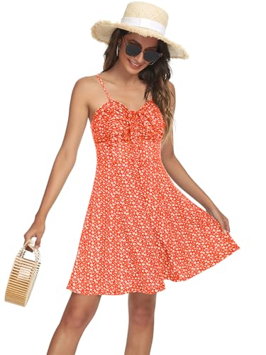 Image of Missufe Spaghetti Strap Floral Mini Dress Women's Casual Ruched Front Drawstring Swing Sundress