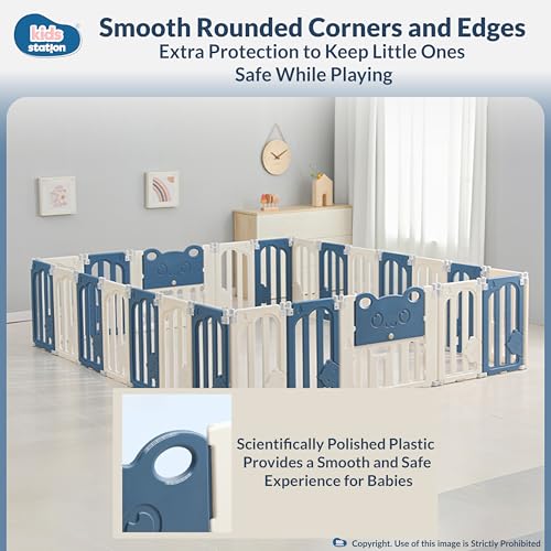 Image of Kids Station Little Bear Blue Baby Playpen with Playmat & 20 Colourful Balls Included, Safety Play Yard for Toddlers & Babies, Anti-Slip, Indoor /Outdoor, 150 x 180 cm