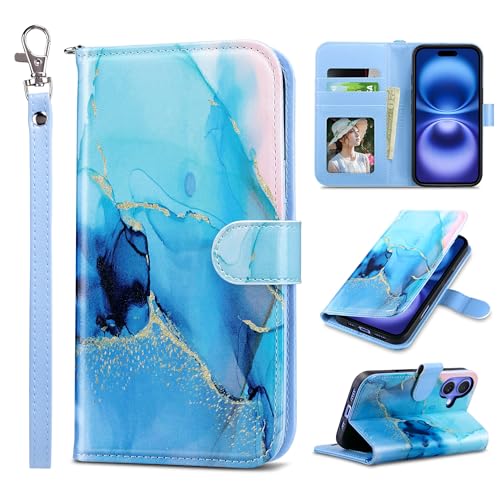 ULAK Wallet Case for iPhone 16 Plus with Card Slots, Marble Blue