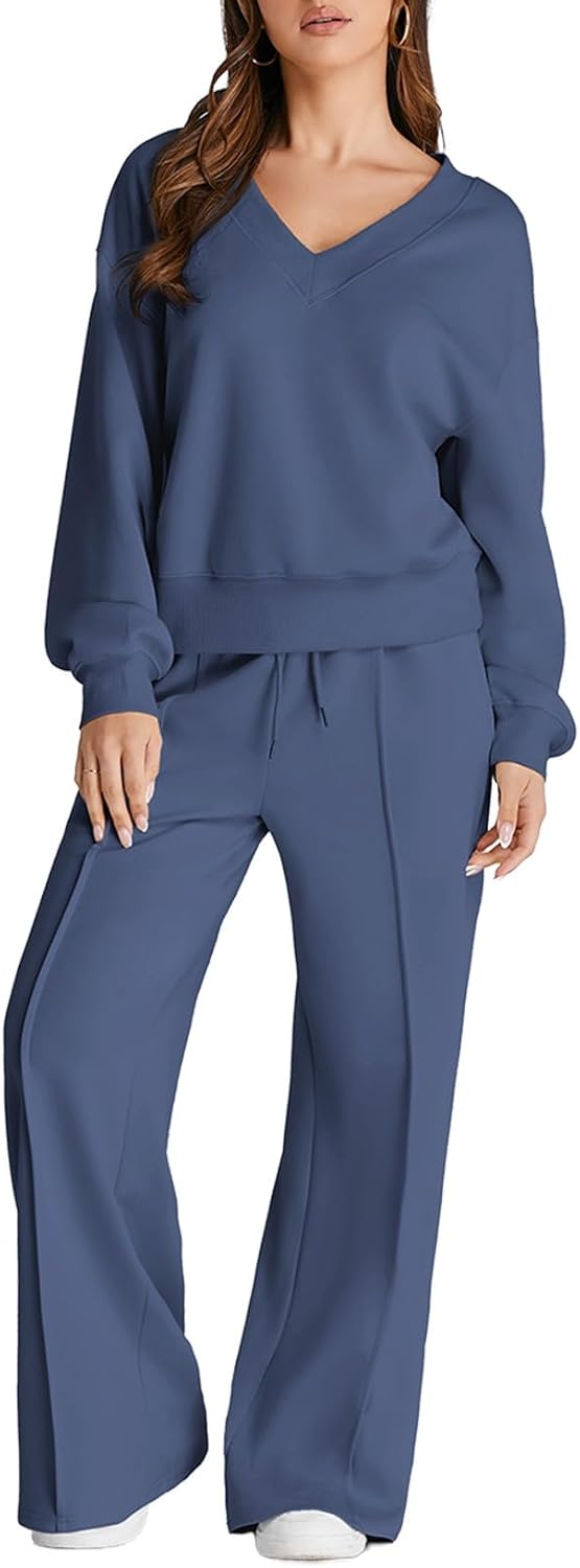 Herseas Women 2 Piece Outfits Sweatsuit 2025 Fall Casual V Neck Sweatshirt with Wide Leg Sweatpants Tracksuit Lounge Set