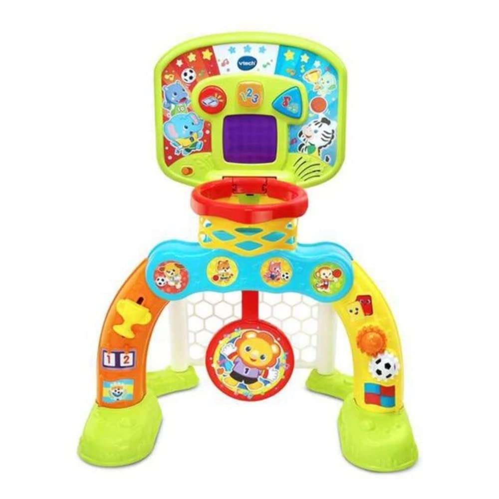 VTech-Baby Centro de Deportes Basket-GOL, Portería de fútbol, Canasta de Baloncesto y Diana, Efectos Especiales y respuestas interactivas, Incluye Tres Pelotas, Marcador LED (80-533522), versión ESP