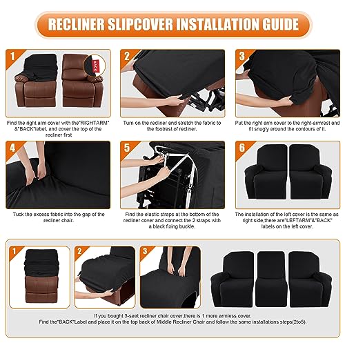 Image of VANSOFY Recliner Cover, 3-Pieces Stretch Reclining Couch Covers with Pockets Reclining Sofa Slipcovers 3 Seater Soft Washable Furniture Protector for Dogs Cats(Black)