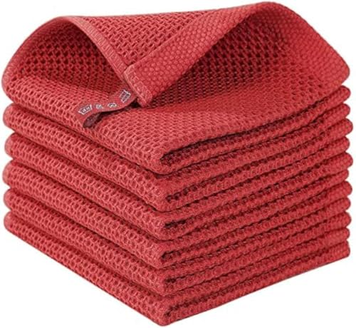 Image of 100% Cotton Kitchen Dish Cloths, 6 Pack Waffle Weave Ultra Soft Absorbent Dish Towels for Drying Dishes Quick Drying Kitchen Towels Dish Rags, 13.4 X 13.4 Inches (Bricks Red, Pack of 6)